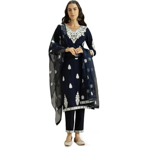 Kaari Rayon Staple 3 PCS Women Kurta Set (KAAAW24WSKD-82023_Indigo Navy _L)