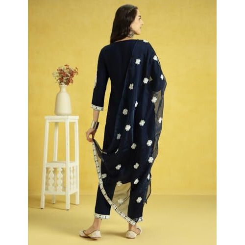 Kaari Rayon Staple 3 PCS Women Kurta Set (KAAAW24WSKD-82023_Indigo Navy _L)