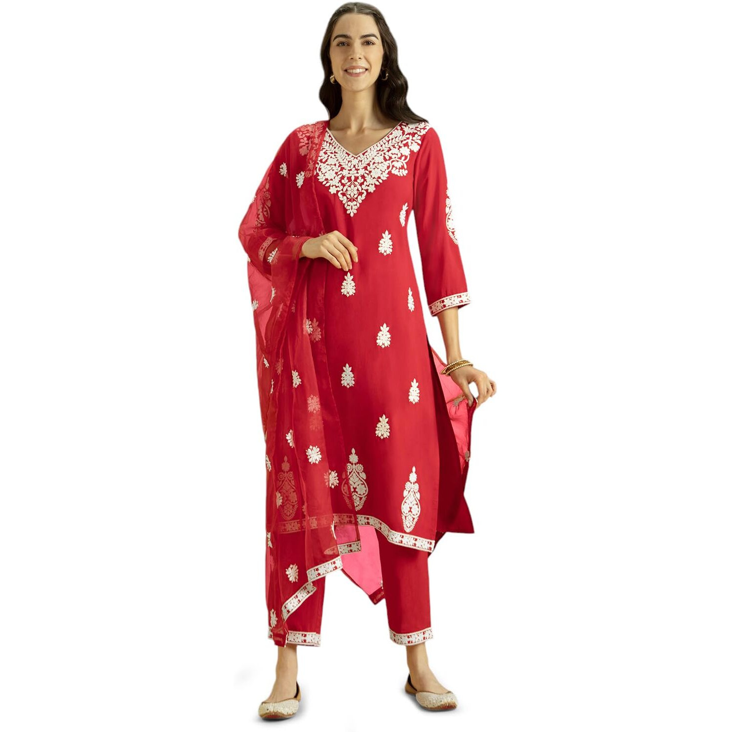 Kaari Rayon Staple 3 PCS Women Kurta Set (KAAAW24WSKD-82023_Indian Chilli Red