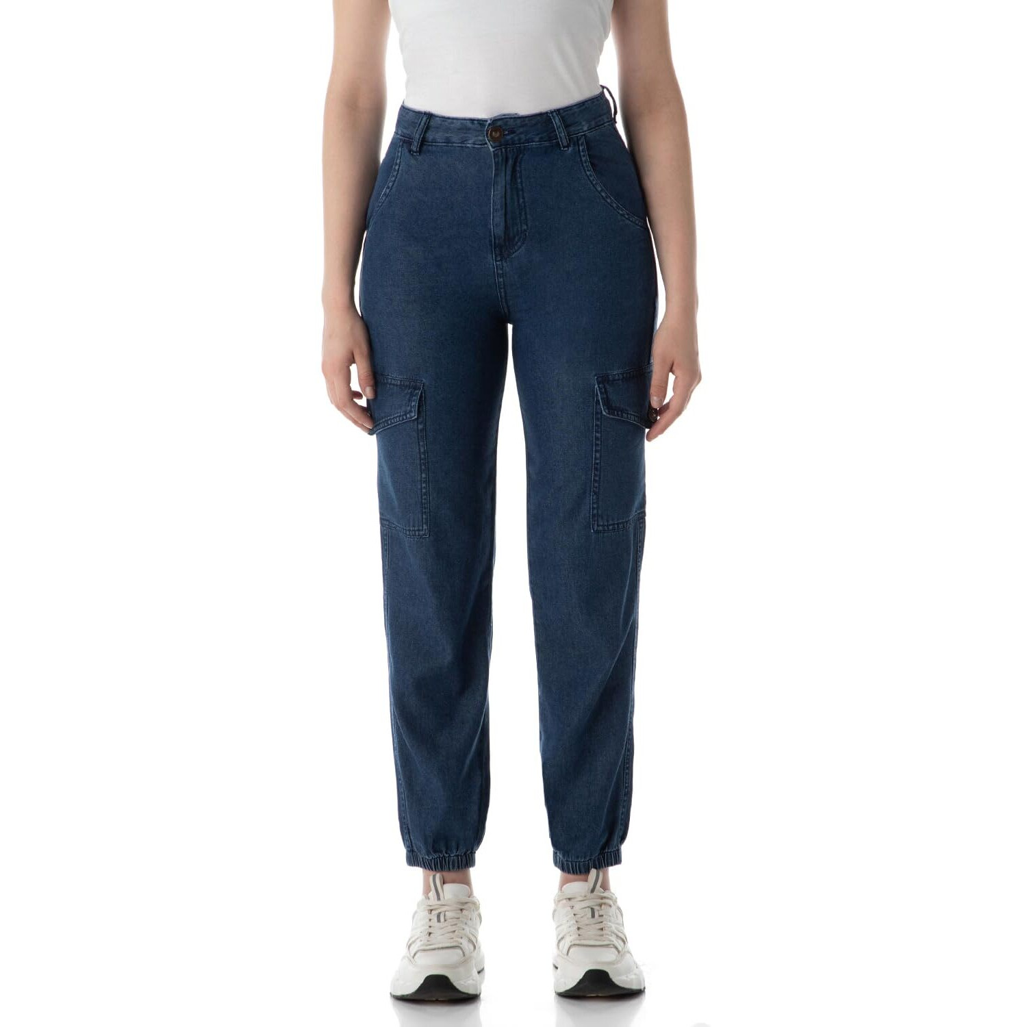 INKD Women's Cargo Pocket Jogger - High-Rise | 100% Cotton (INKSS24WJN-402-Sapphire Sphere-32)