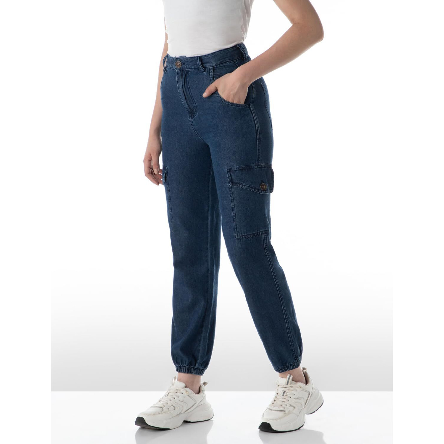 INKD Women's Cargo Pocket Jogger - High-Rise | 100% Cotton (INKSS24WJN-402-Sapphire Sphere-32)
