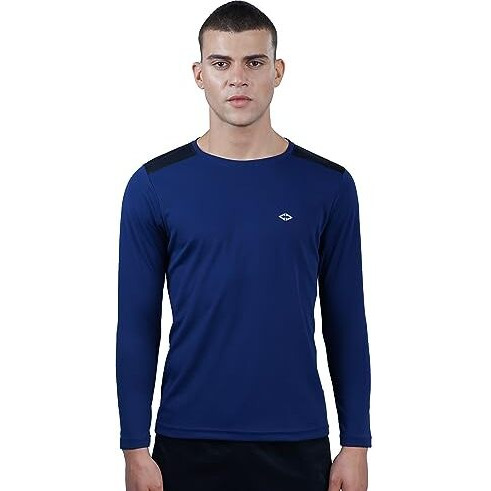 REVOLT Solid Slim Fit Men's Soft & Comfortable Round Neck T-Shirt-Full Sleeve, Logo Branding (Midnight Navy, L) (REVSS23-TEE-009