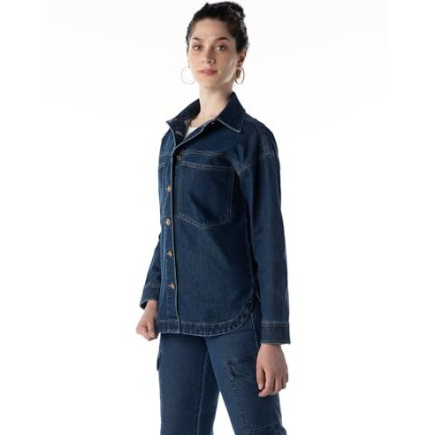 INKD Women's Denim Shacket (INKSS24WSHKT-411_Retro Blue_S)