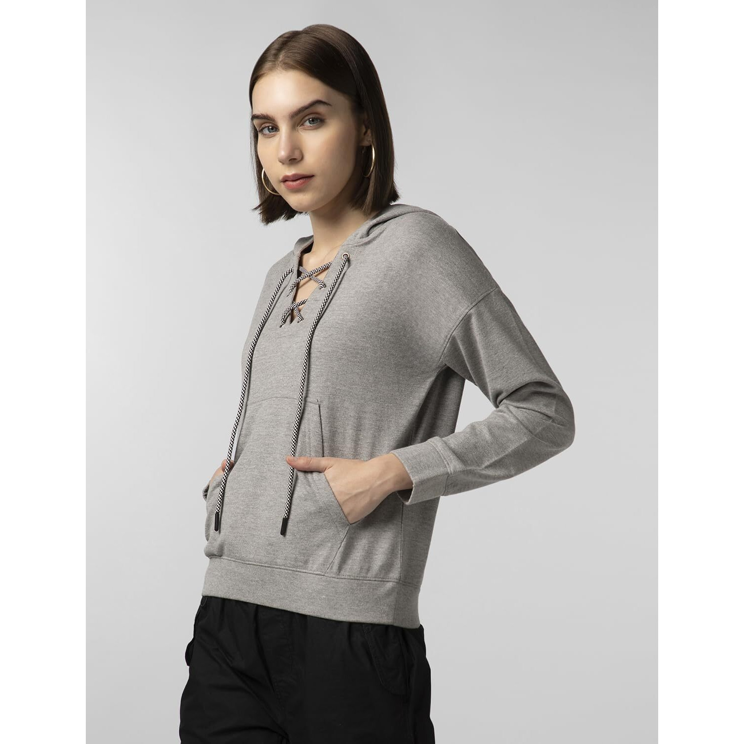 FYLTR Women's Drop Shoulder Hoodie with Lace Up Neck Detailing & Contrast Drawcord