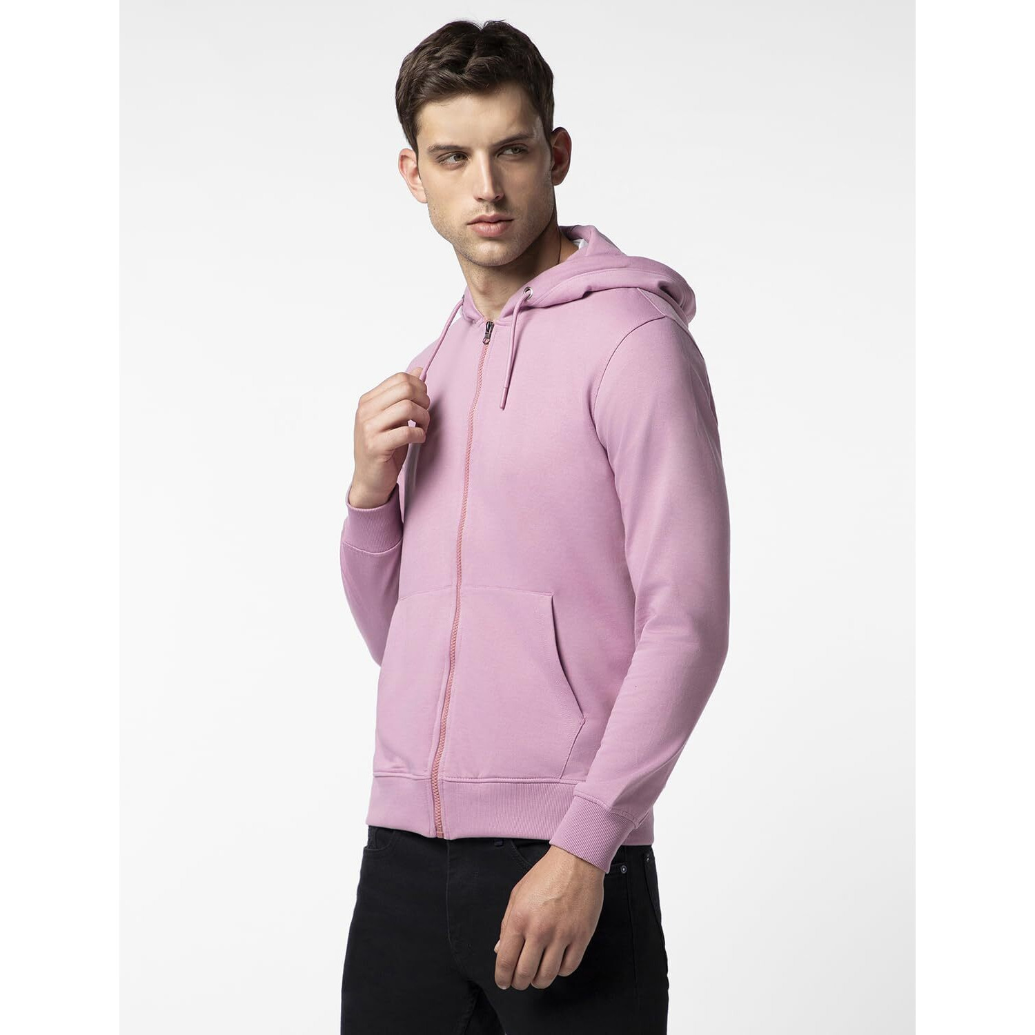 FYLTR Men's Casual Zip-Up Hoodie with Drawstring Detail - Utility Pockets | Full Zipper | Casual Winterwear for Men Peony Pink