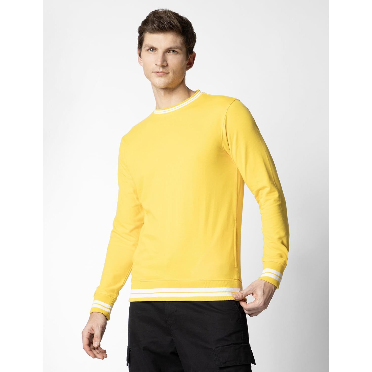 FYLTR Men's Crewneck Sweatshirt with Stripe Rib Detail - Full Sleeve | Utility Pockets | Casual Winterwear for Men Mellow Yellow