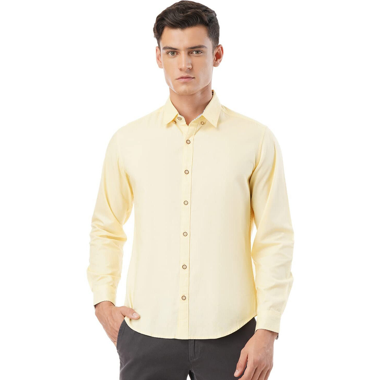FYLTR Men's Solid Slim Fit Shirt (FYLSS23MS-010_YOLO Yellow L)