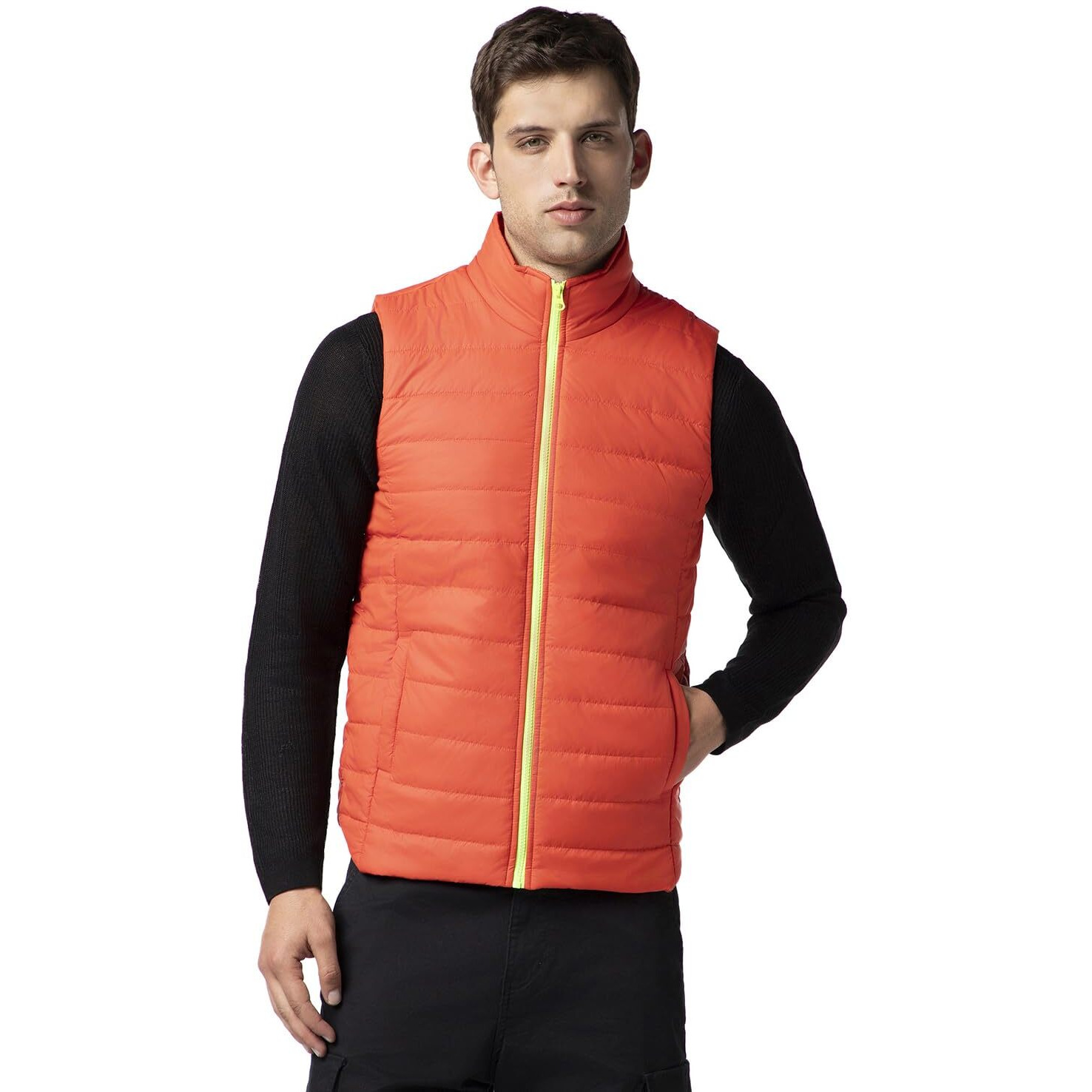 FYLTR Men's Sleeveless Puffer Jacket with Neon Trims - Stand Collar | Full Zipper | Side Pockets | Shaped Hem