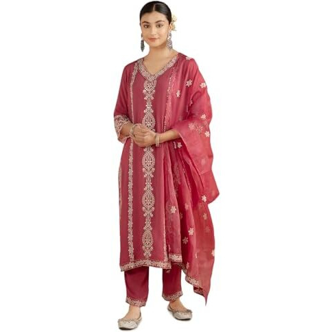 Kaari Rayon Staple 3 PCS Women Kurta Set (KAAAW26WSKD-82026_Rozaana Pink_S)