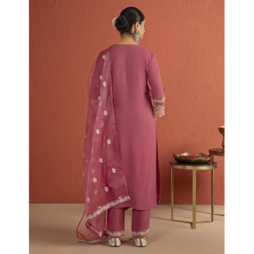 Kaari Rayon Staple 3 PCS Women Kurta Set (KAAAW26WSKD-82026_Rozaana Pink_S)