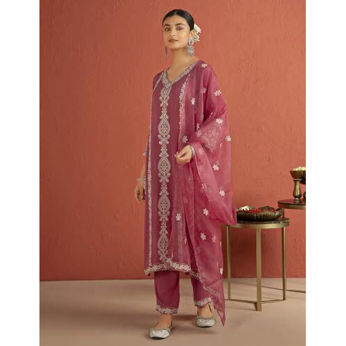 Kaari Rayon Staple 3 PCS Women Kurta Set (KAAAW26WSKD-82026_Rozaana Pink_S)