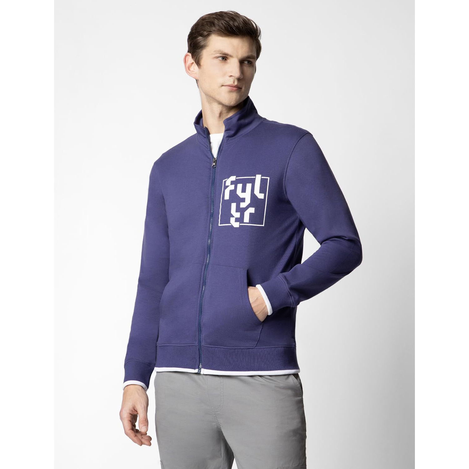 FYLTR Men's Casual Stand Collar Jacket With Rib Details - Full Zipper | Full Sleeve Branding | Casual Winterwear For Men