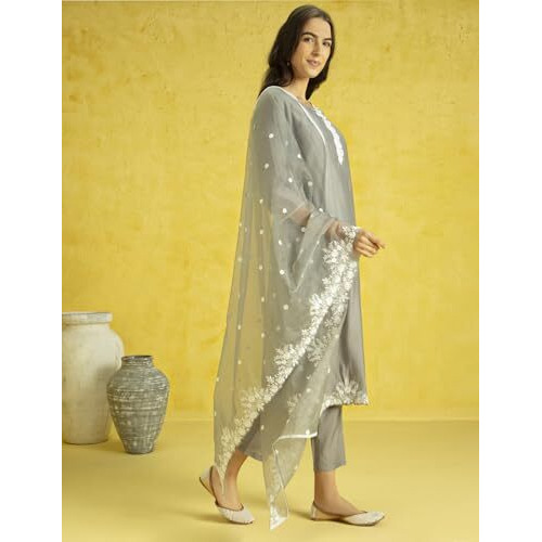 Kaari Roman Silk Womens Kurta Set (KAAAW24WSKD-78860_Ghazal Grey