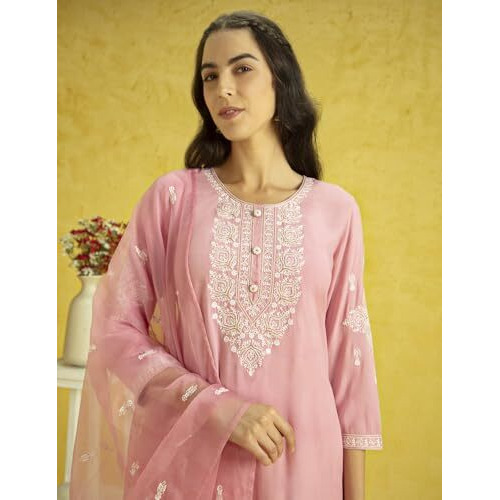 Kaari Rayon Staple 3 PCS Women Kurta Set (KAAAW24WSKD-82022_Kumud Pink _L)