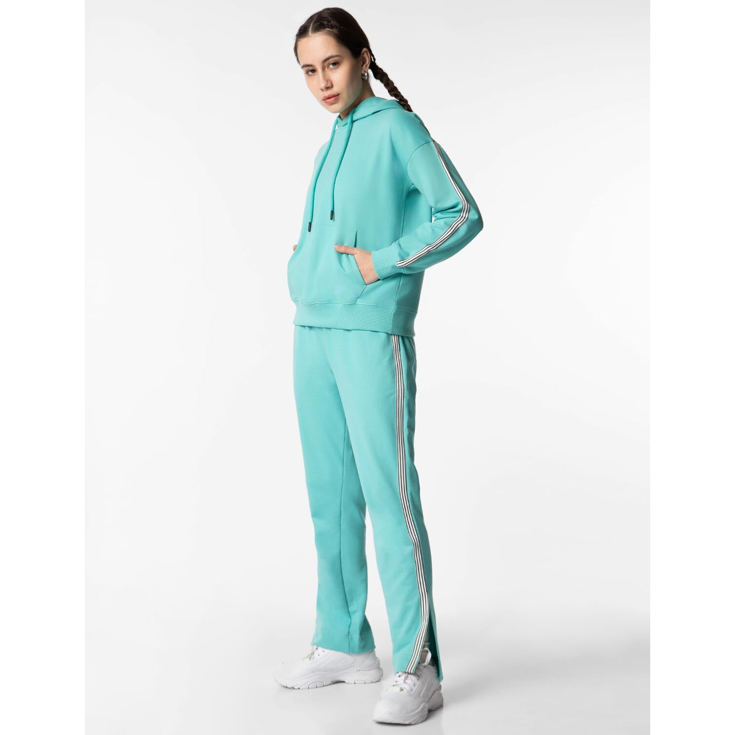 FYLTR Women's Drop Shoulder Hoodie & Joggers Set With Contrast Branded Tape on Sleeve and Jogger Side Seam - Rib Hem & Cuff | Slit Detail at Hem