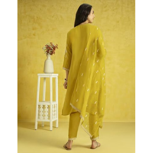 Kaari Rayon Staple 3 PCS Women Kurta Set (KAAAW24WSKD-82022_Indian Mustard Yellow  _L)