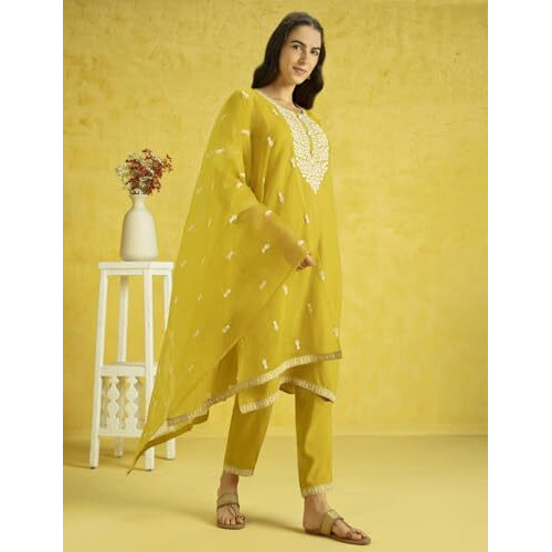 Kaari Rayon Staple 3 PCS Women Kurta Set (KAAAW24WSKD-82022_Indian Mustard Yellow  _L)