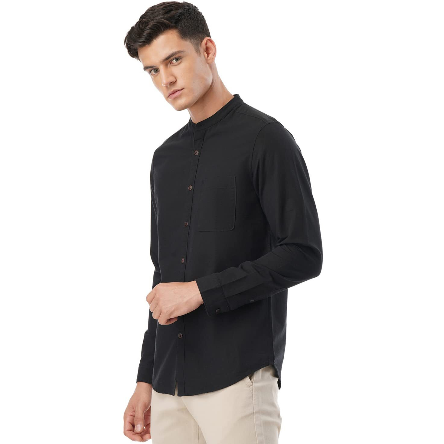 FYLTR Men's Solid Slim Fit 100% Cotton, Linen Look Casual Shirt Black Beauty