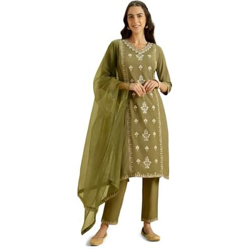 Kaari Rayon Staple 3 PCS Women Kurta Set (KAAAW24WSKD-82020_Mehendi Green_S)