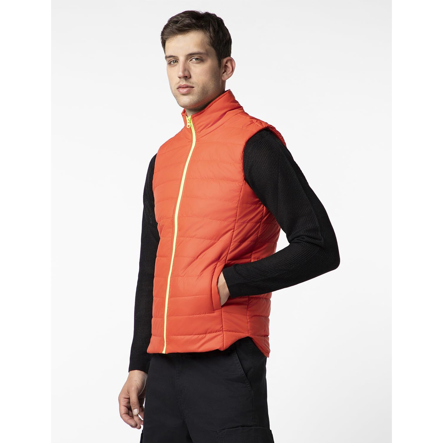 FYLTR Men's Sleeveless Puffer Jacket with Neon Trims - Stand Collar | Full Zipper | Side Pockets | Shaped Hem