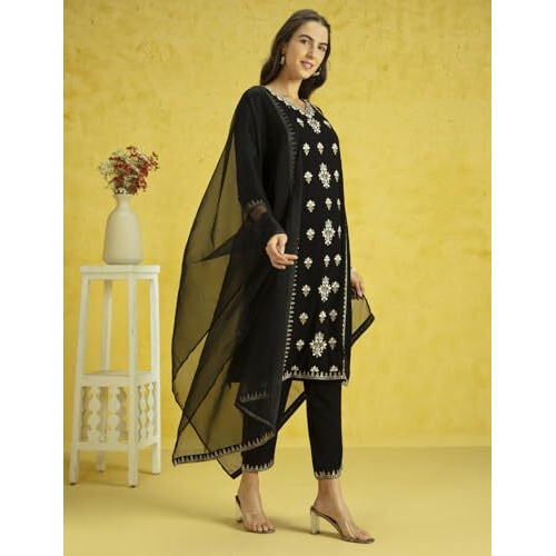 Kaari Rayon Staple 3 PCS Women Kurta Set (KAAAW24WSKD-82020_Kohl Black_S)
