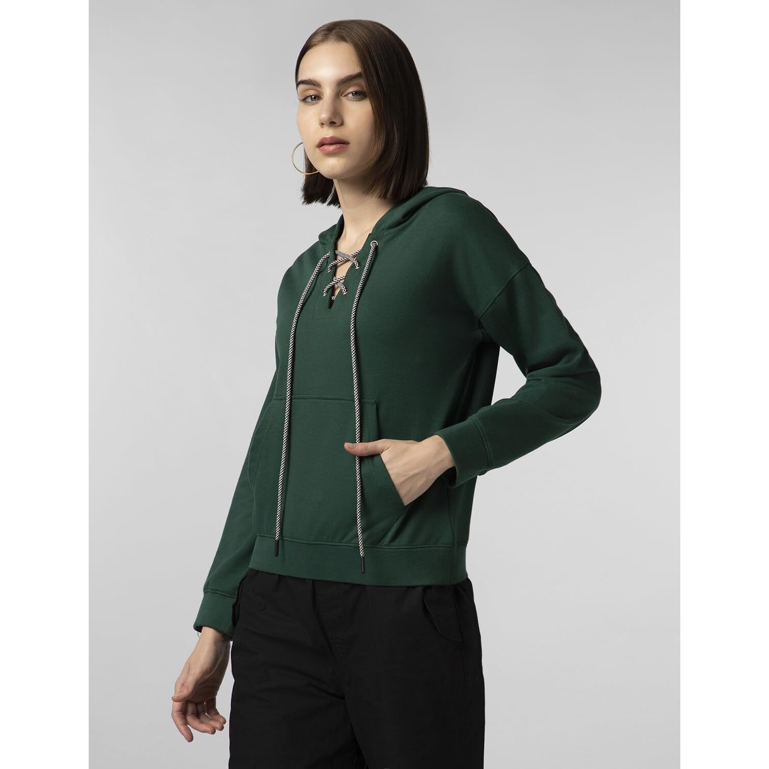 FYLTR Women's Drop Shoulder Hoodie with Lace Up Neck Detailing & Contrast Drawcord