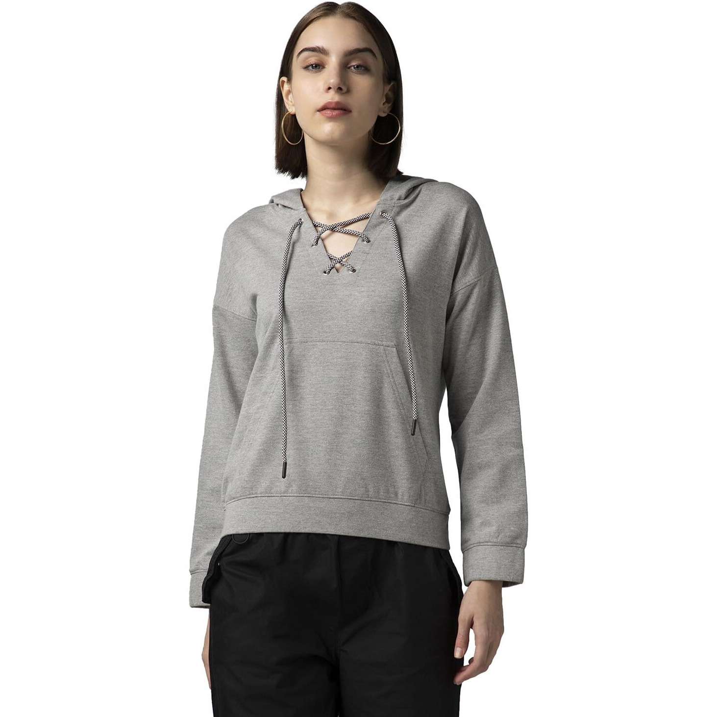 FYLTR Women's Drop Shoulder Hoodie with Lace Up Neck Detailing & Contrast Drawcord