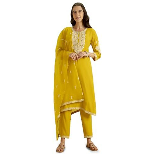 Kaari Rayon Staple 3 PCS Women Kurta Set (KAAAW24WSKD-82022_Indian Mustard Yellow  _2XL)