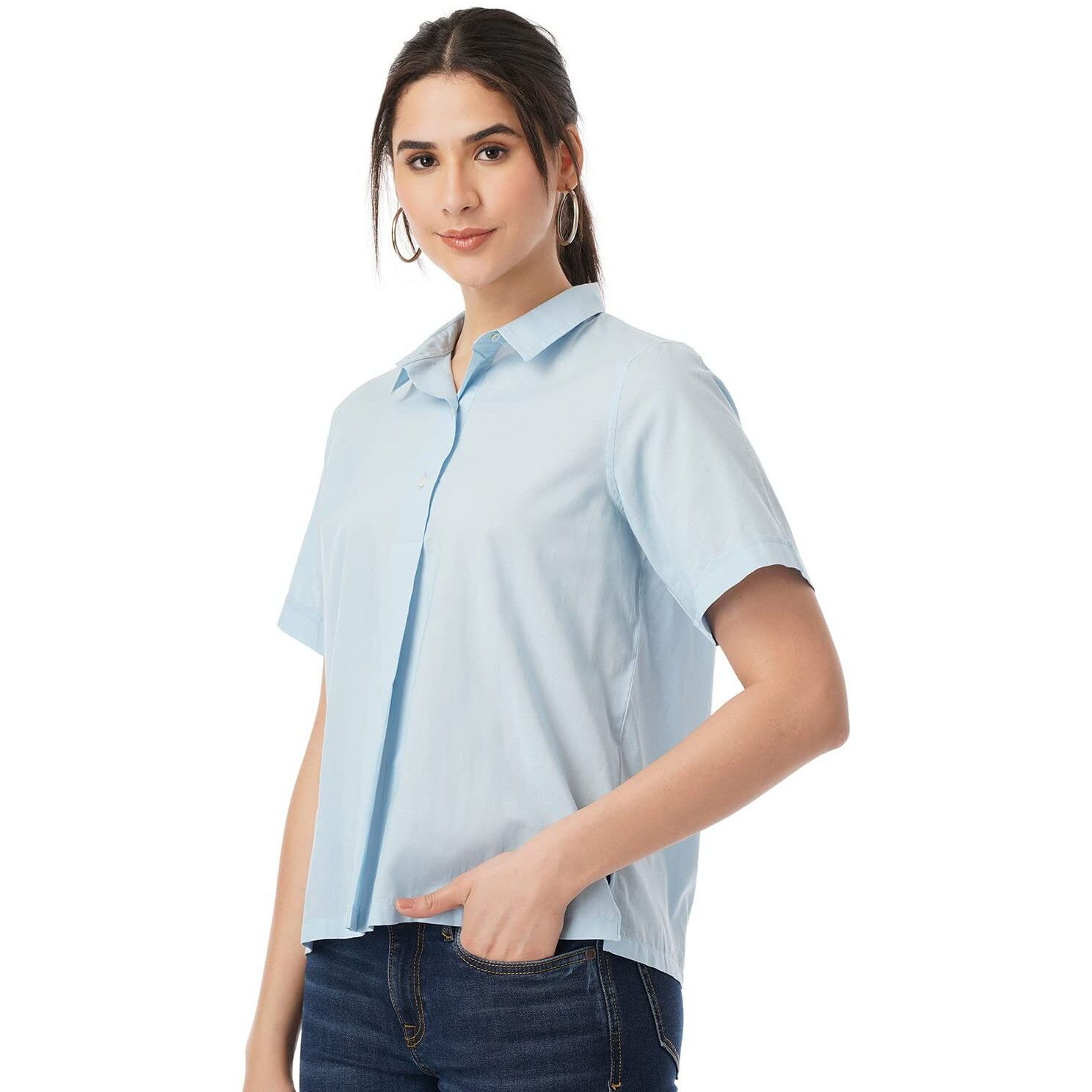 FYLTR Women's Solid Regular Fit Shirt (FYLSS23WB-012_Happy Hue Blue M)
