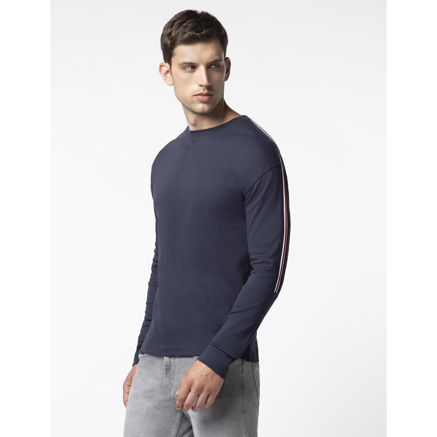 FYLTR Men's Casual Drop Shoulder Full Sleeve T-Shirt with Knitted Tape Sleeve Detail