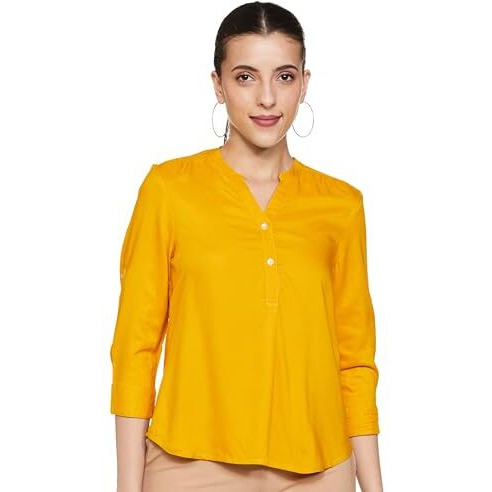 FYLTR Women's Regular Fit Blouse (FYLAW23WB-002_Spicy Mustard
