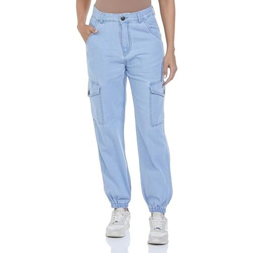 INKD Women's Cargo Pocket Jogger - Mid Rise | 100% Cotton (INKSS24WJN-402-Seaside Slate-34), Blue