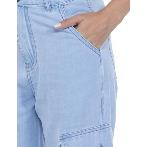 INKD Women's Cargo Pocket Jogger - Mid Rise | 100% Cotton (INKSS24WJN-402-Seaside Slate-34), Blue