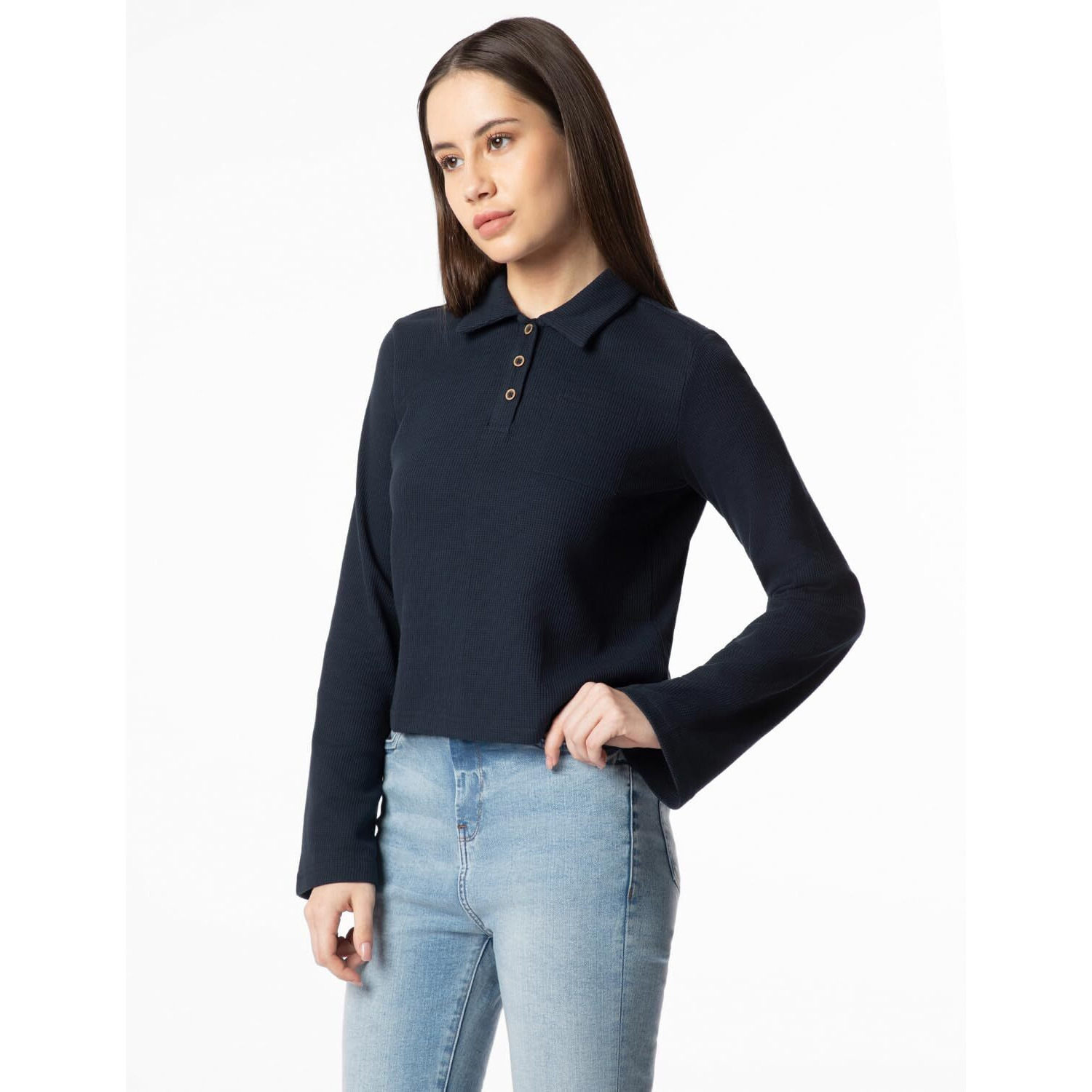FYLTR Women's Casual Crop Tee with Classic Collar & Flared Sleeves - Contrast Buttons | Stylish Patch Pocket with Flap