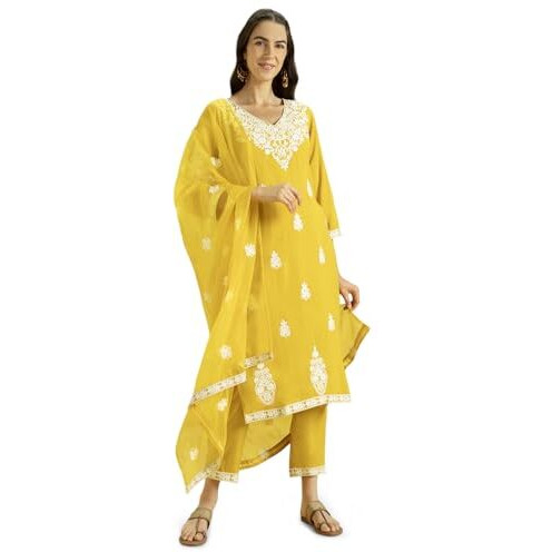 Kaari Rayon Staple 3 PCS Women Kurta Set (KAAAW24WSKD-82023_Marigold Yellow_M)