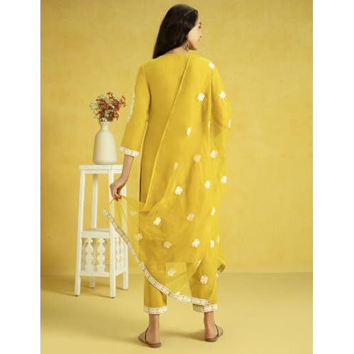 Kaari Rayon Staple 3 PCS Women Kurta Set (KAAAW24WSKD-82023_Marigold Yellow_M)