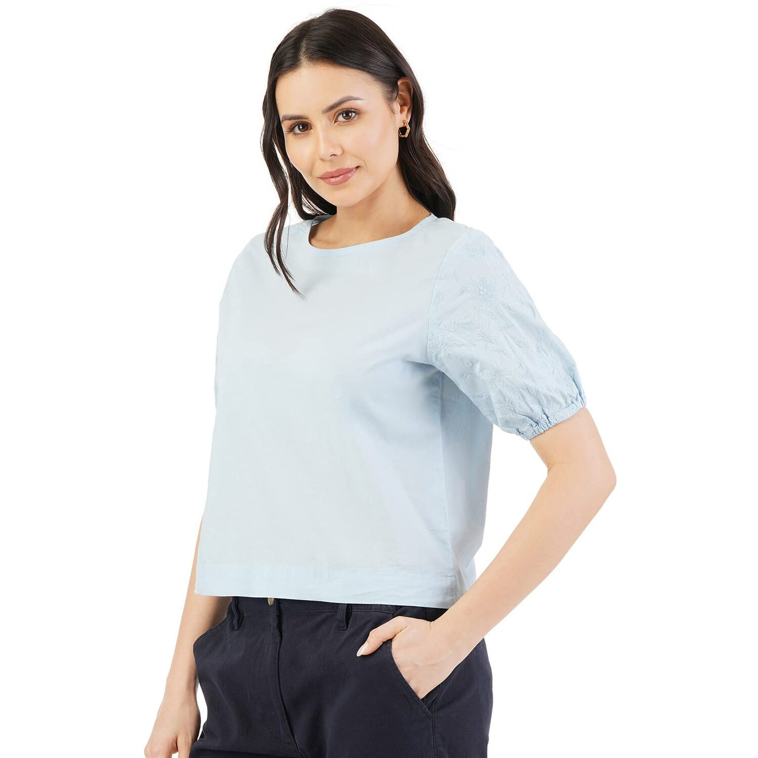 FYLTR Women's Solid Regular Fit Blouse (FYLSS23WB-010_Happy Hue Blue XL)