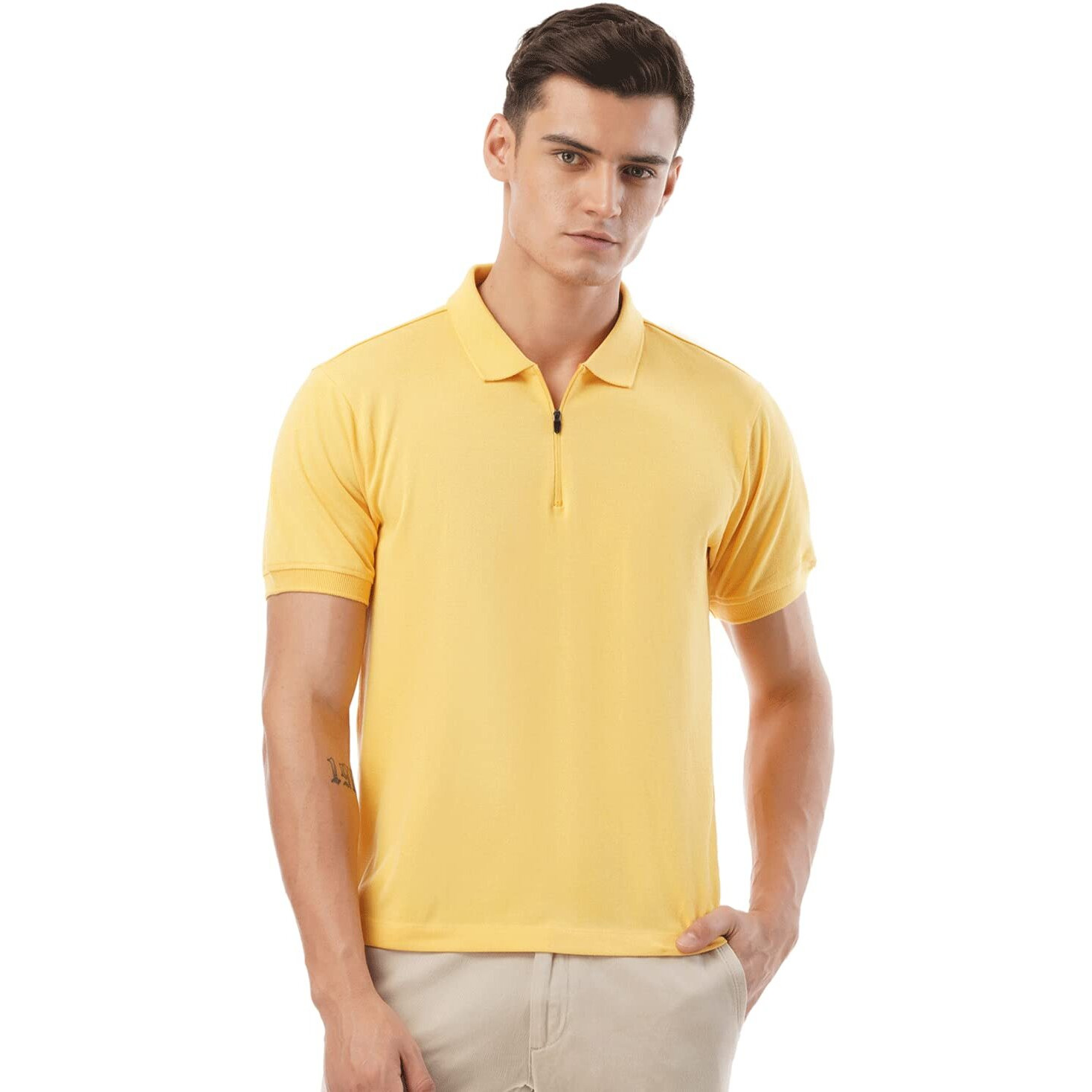 FYLTR Men's Solid Regular Fit Polo Shirt (FYLSS23MP-006_Golden Sunset L)