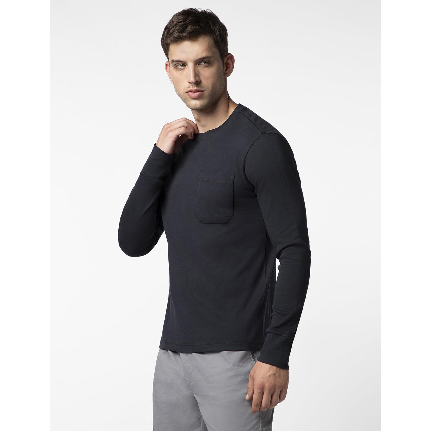 FYLTR Men's Casual Crewneck Full Sleeve T-Shirt with Stab Stitched Front Pocket Detail