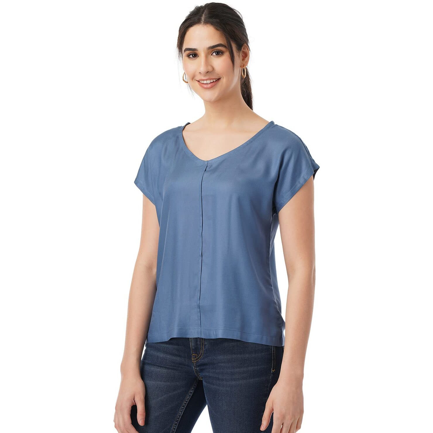 FYLTR Women's Solid Regular Fit Blouse (FYLSS23WB-019_Stellar Blue S)