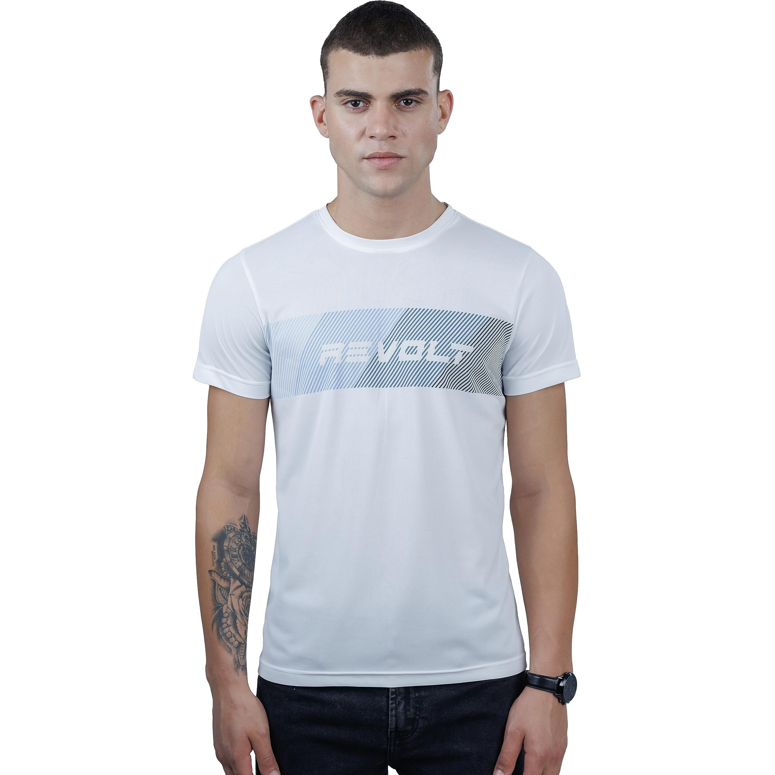REVOLT Solid Slim Fit Men's Soft & Comfortable Round Neck T-Shirt-Gradation Print, Logo Branding (Cloud Dancer, M) (REVSS23-TEE-011