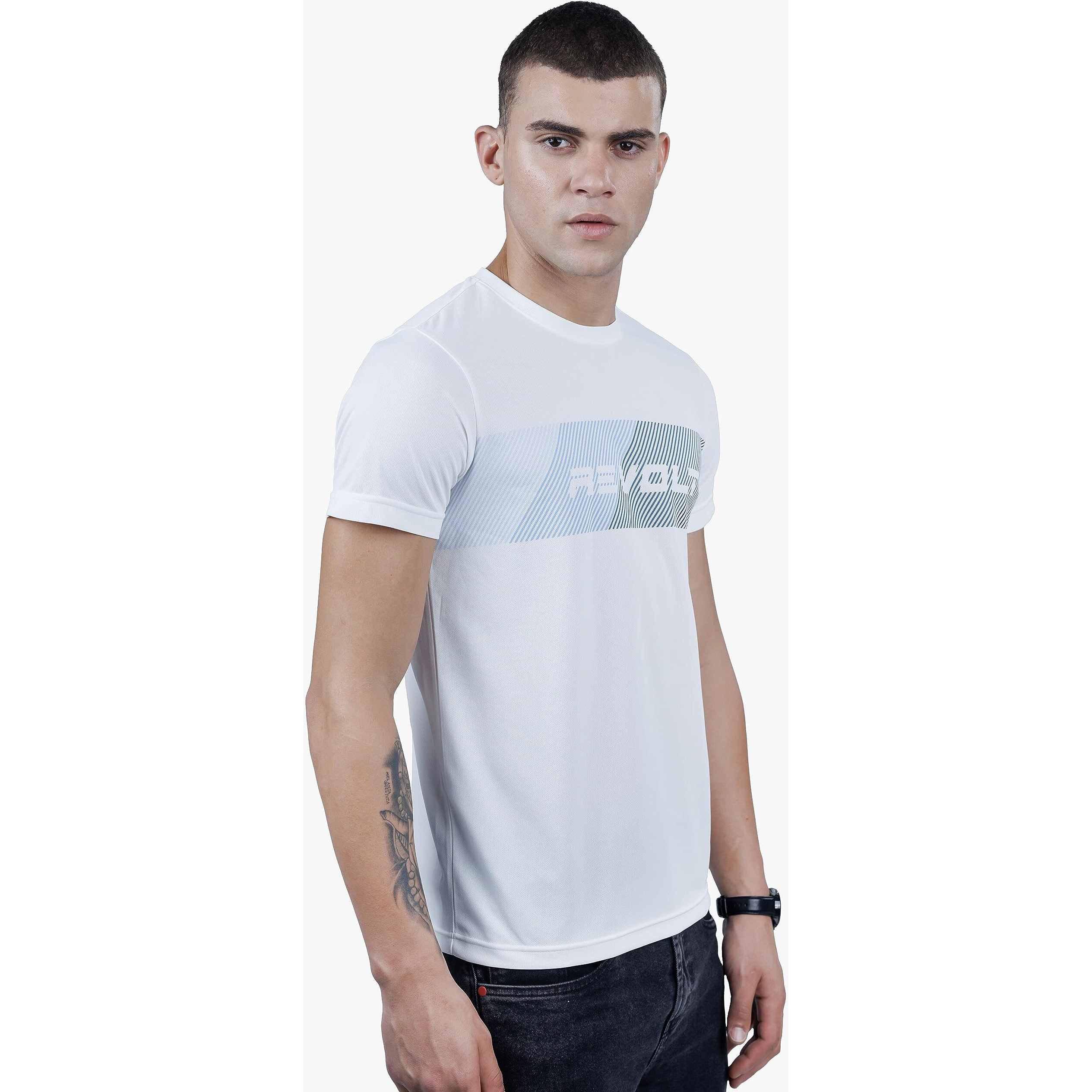REVOLT Solid Slim Fit Men's Soft & Comfortable Round Neck T-Shirt-Gradation Print, Logo Branding (Cloud Dancer, M) (REVSS23-TEE-011
