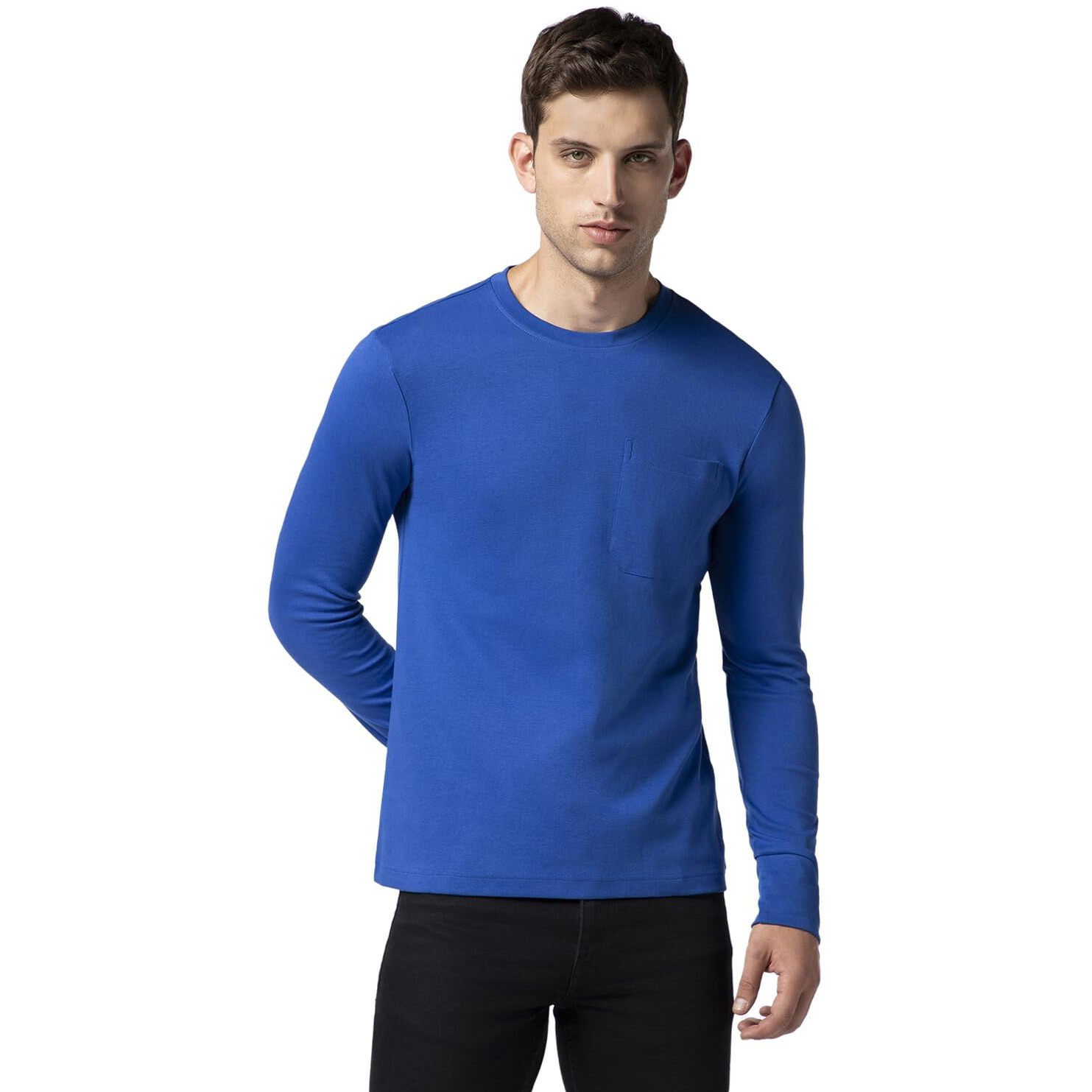 FYLTR Men's Casual Crewneck Full Sleeve T-Shirt with Stab Stitched Front Pocket Detail