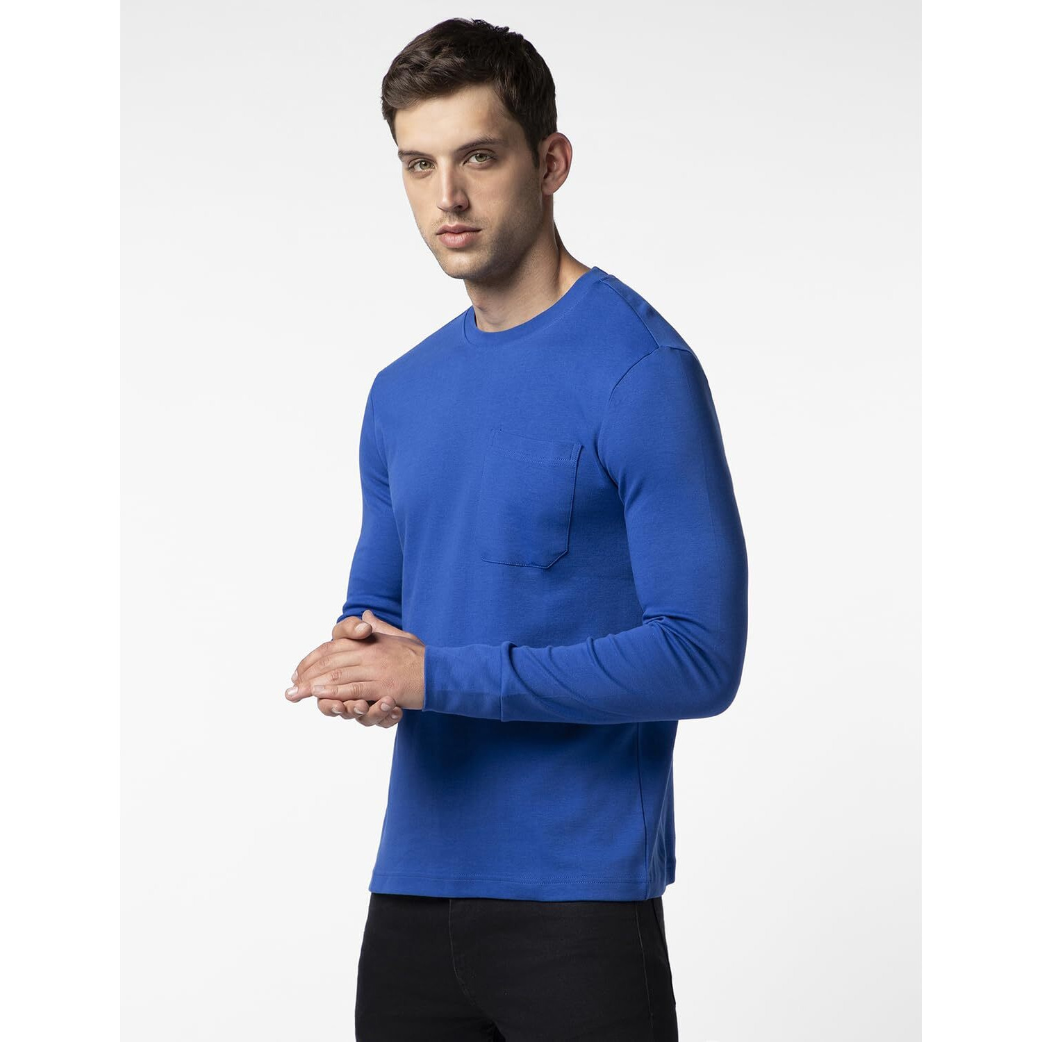 FYLTR Men's Casual Crewneck Full Sleeve T-Shirt with Stab Stitched Front Pocket Detail