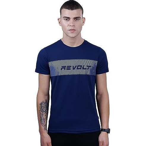 REVOLT Solid Slim Fit Men's Soft & Comfortable Round Neck T-Shirt-Gradation Print, Logo Branding (Midnight Navy, XL) (REVSS23-TEE-011