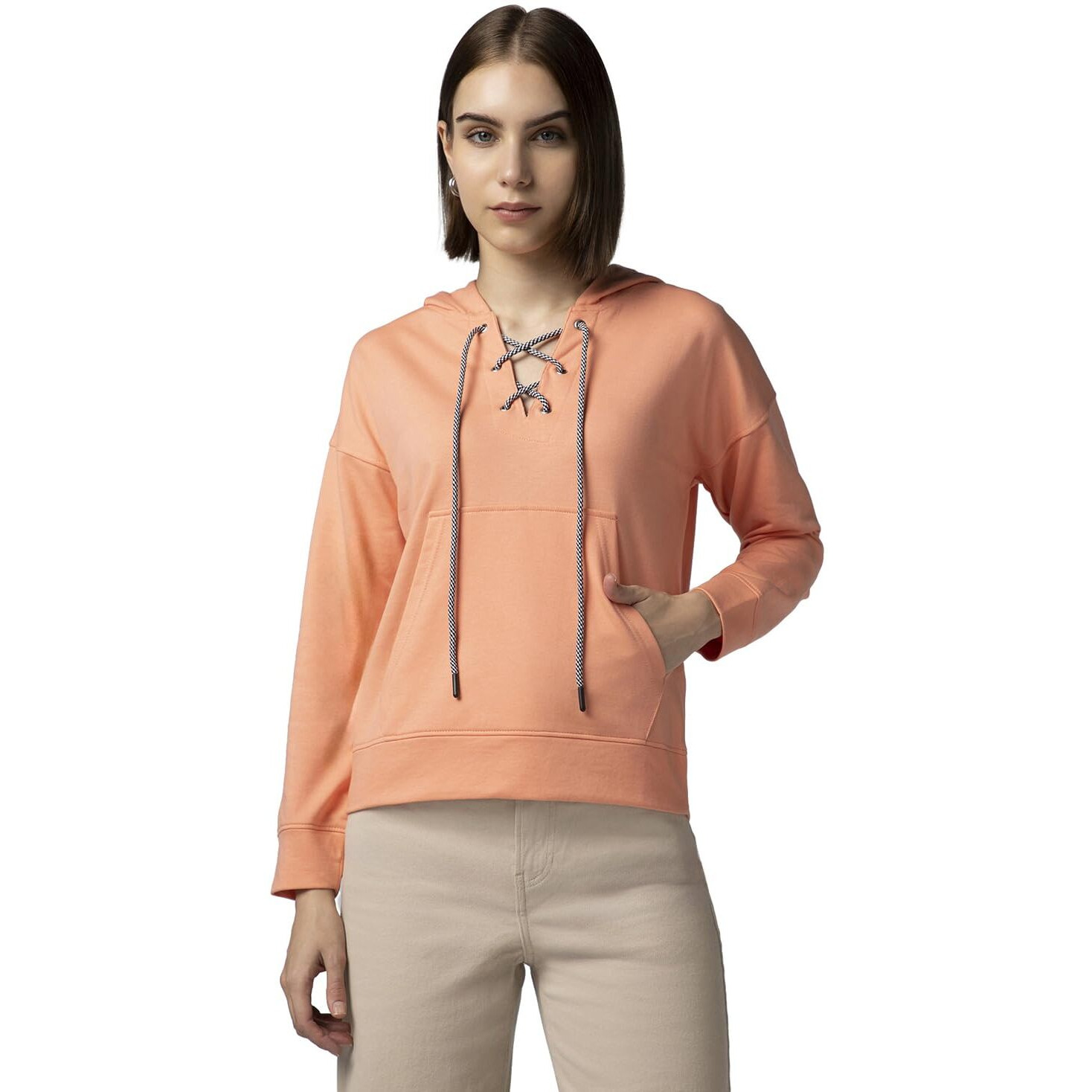 FYLTR Women's Drop Shoulder Hoodie with Lace Up Neck Detailing & Contrast Drawcord