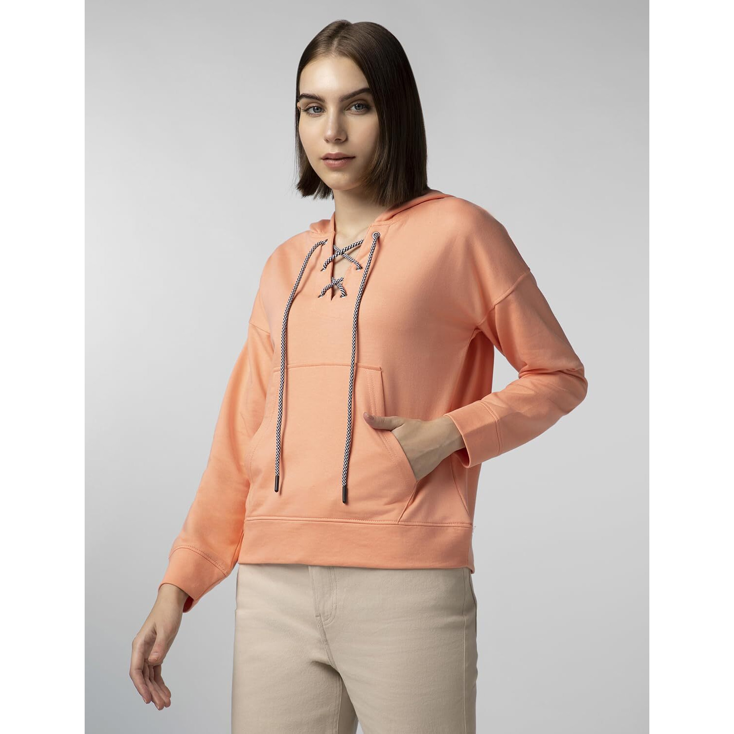 FYLTR Women's Drop Shoulder Hoodie with Lace Up Neck Detailing & Contrast Drawcord