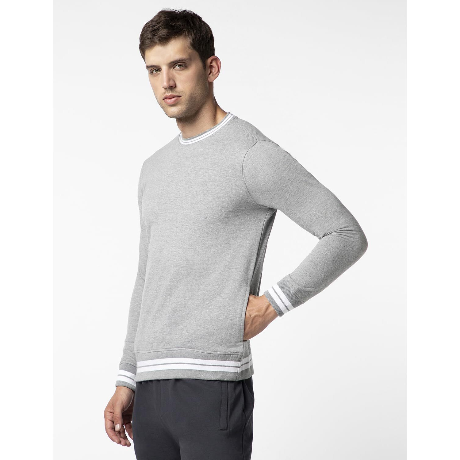 FYLTR Men's Crewneck Sweatshirt with Stripe Rib Detail - Full Sleeve | Utility Pockets | Casual Winterwear for Men
