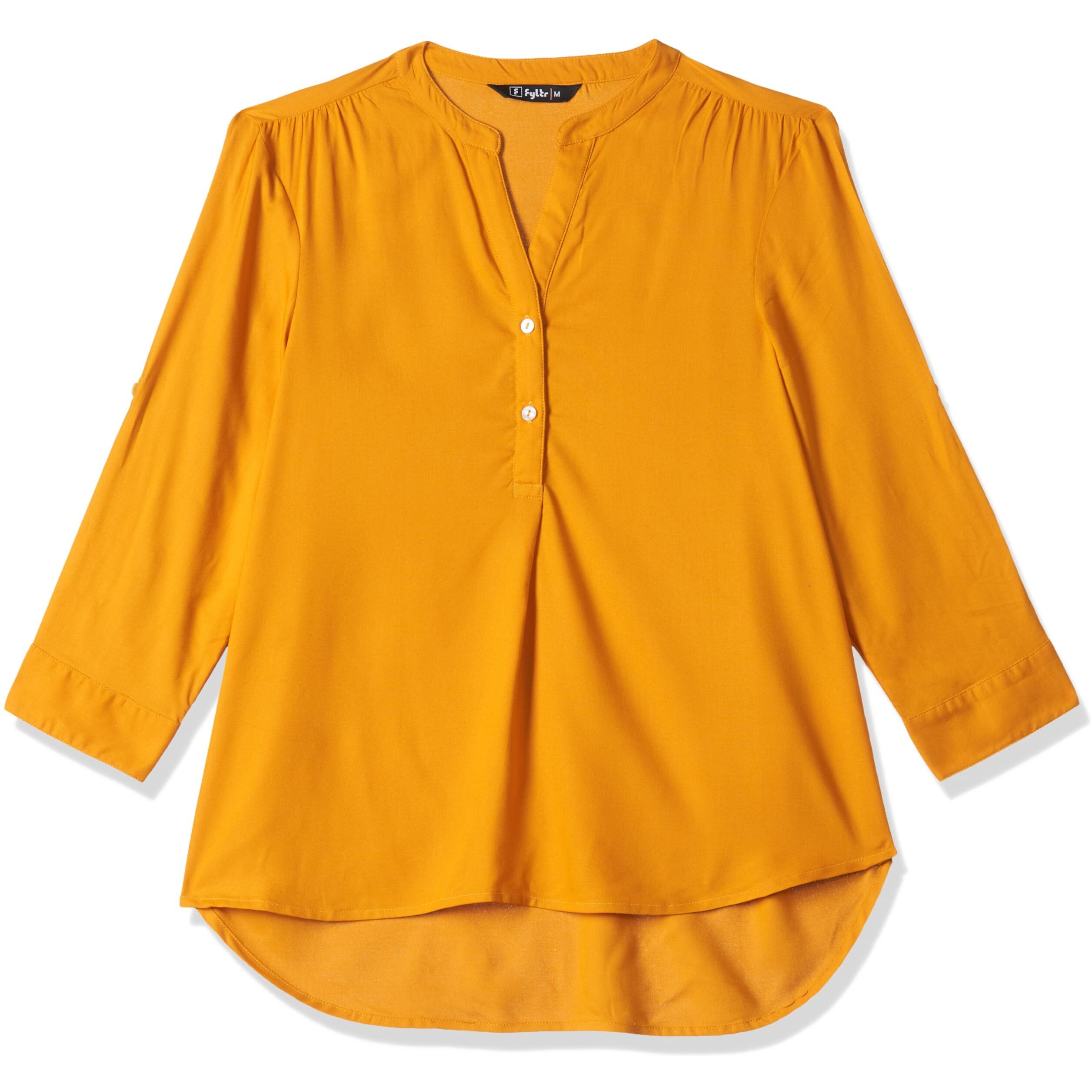 FYLTR Women's Checkered Regular Fit Blouse (FYLAW23WB-002_Spicy Mustard