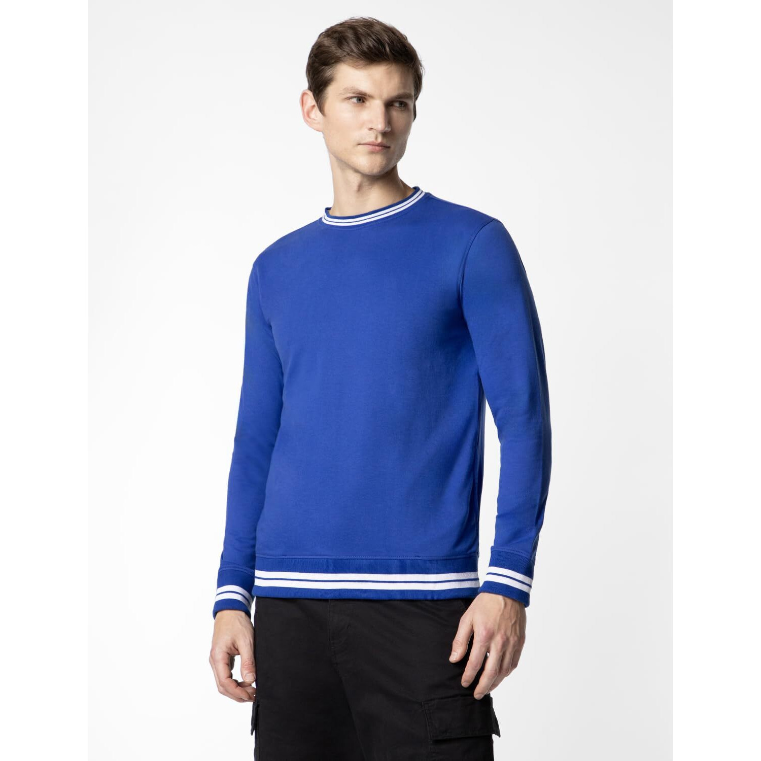 FYLTR Men's Crewneck Sweatshirt with Stripe Rib Detail - Full Sleeve | Utility Pockets | Casual Winterwear for Men